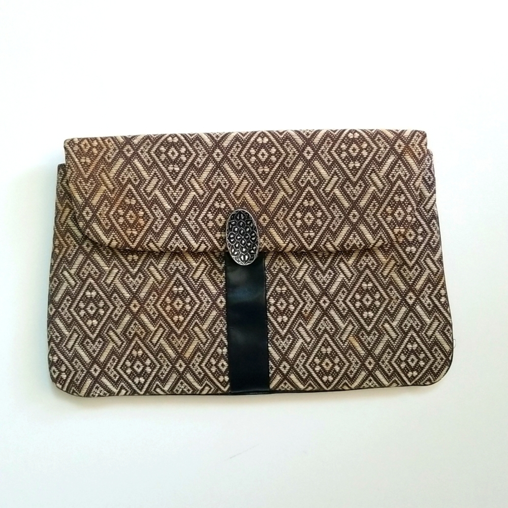 Couture Brown & Beige Textile Tapestry Clutch with Silver Metal Buckle